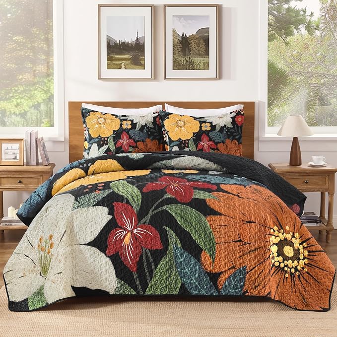 California King Quilt, Cal King Oversized Black Floral Bedspread | 3 Pieces by Andency