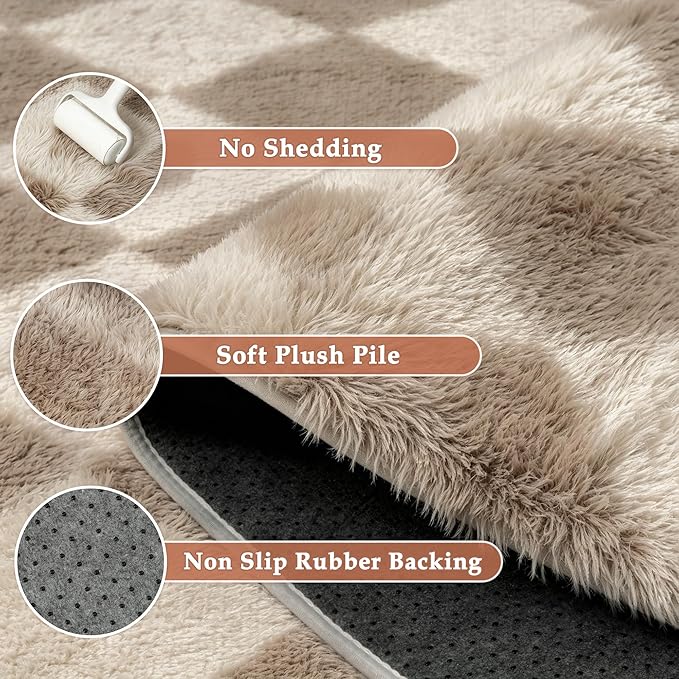 Brown 6x9 Area Rug for Living Room Soft Checkered Shag Carpet | Machine Washable - Image 6