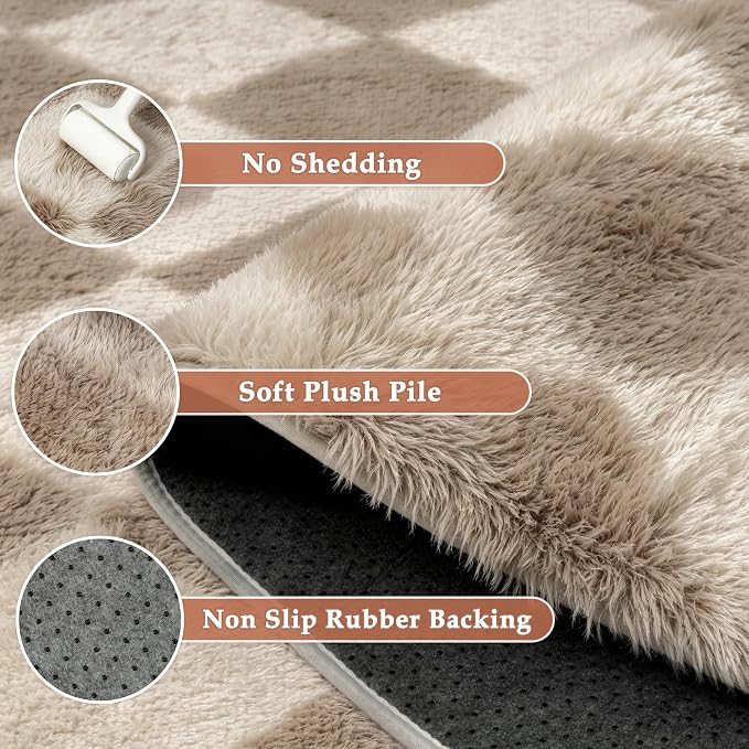 Brown 9x12 Area Rug for Living Room Soft Checkered Shag Carpet | Machine - Image 6