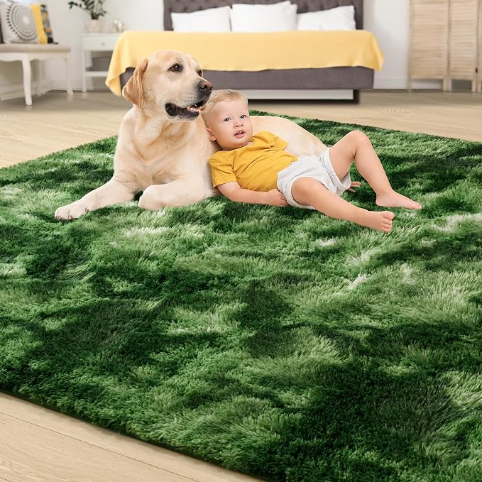 Fluffy Dark Green Rugs for Living Room Bedroom, 8x10 Soft Area Rug Tie-Dyed - Image 4