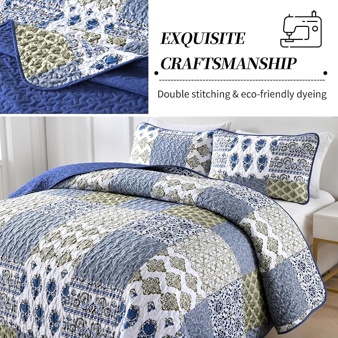 Mybedsoul Blue Quilt Set Queen Size 3 Pieces Boho Plaid Aqua Blue Floral - Image 3