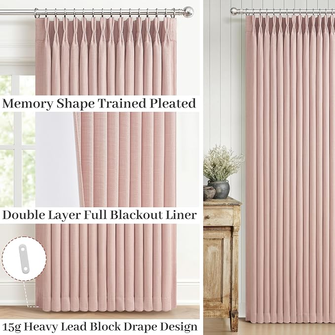 Blush Pink Double Layer Linen Pinch Pleated Curtains 90 Inches Long - Image 4
