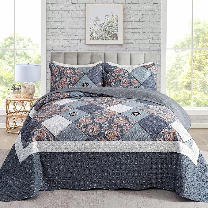 3-Piece Queen Bedspread Quilt Set Lightweight Coverlet Set Garden Style Floral by Travan