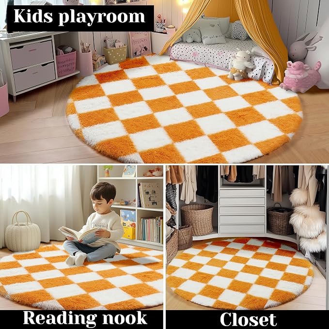 KICMOR Round Rugs 5ft Orange and Cream White Circle Area Rug, Fluffy Soft Fuzzy - Image 7