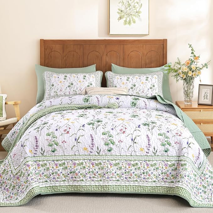 WONGS BEDDING Floral Quilt Set Queen，3 Pcs Green Bedspreads Coverlet Set | by WONGSBEDDING