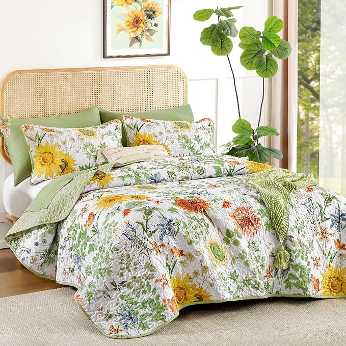 Yiran Floral King Quilt Bedding Set, Sage Green Sunflower Bedspreads | 3 Pieces - Image 2