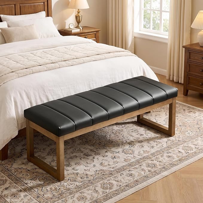 52.7" Bedroom Bench for End of Bed, Faux Leather Entryway Bench | Modern - Image 3