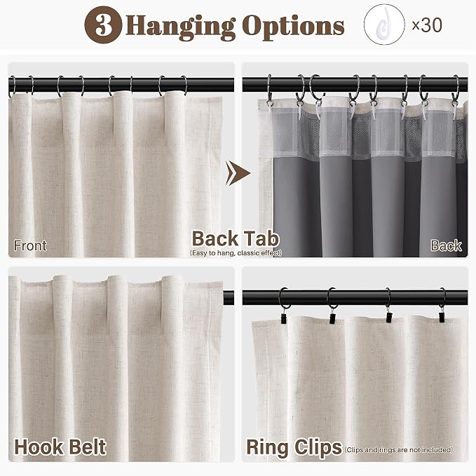 Linen 100% Blackout Curtains for Bedroom 120 Inches Long 2 Panels Set Natural - Image 2