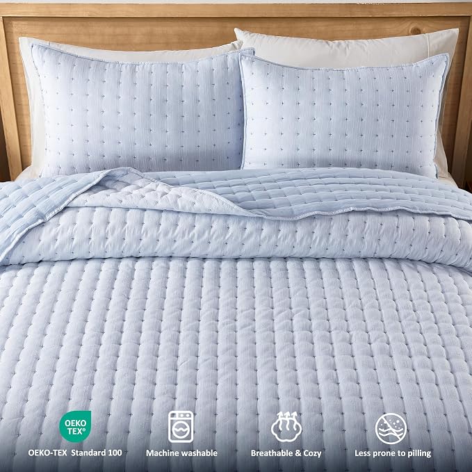 WDCOZY Blue Cloud Quilt Set Queen Size, Lightweight Soft Cross Stitch Bedspread - Image 3