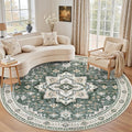 Round Area Rug for Living Room: 4ft Boho Washable Rug Green Ivory | Vintage by EXPEDIX