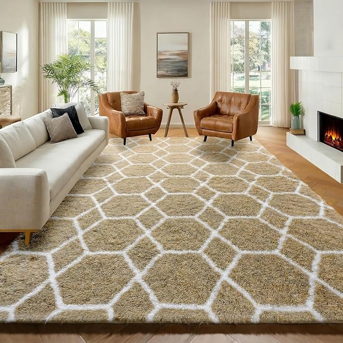 Living Room Area Rug 6x9, Large Beige and White Geometric Floor Rugs by ONASAR
