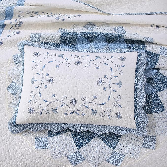 ROOMLIFE Quilt Set Queen Size 3D Floral Embroidery Pattern 3-Piece Cotton | - Image 4
