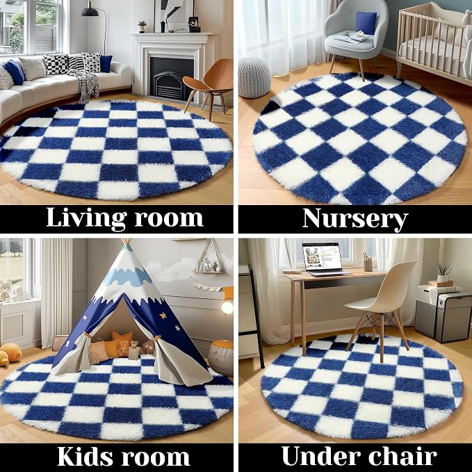 KICMOR Round Rugs 5ft Blue and Cream White Circle Area Rug, Fluffy Soft Fuzzy - Image 5