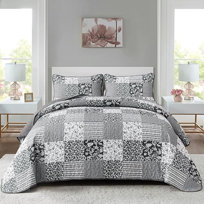 Mybedsoul Black Grey Boho Quilt Set Queen Size, 3 Pieces Plaid Floral Bedspread by Mybedsoul