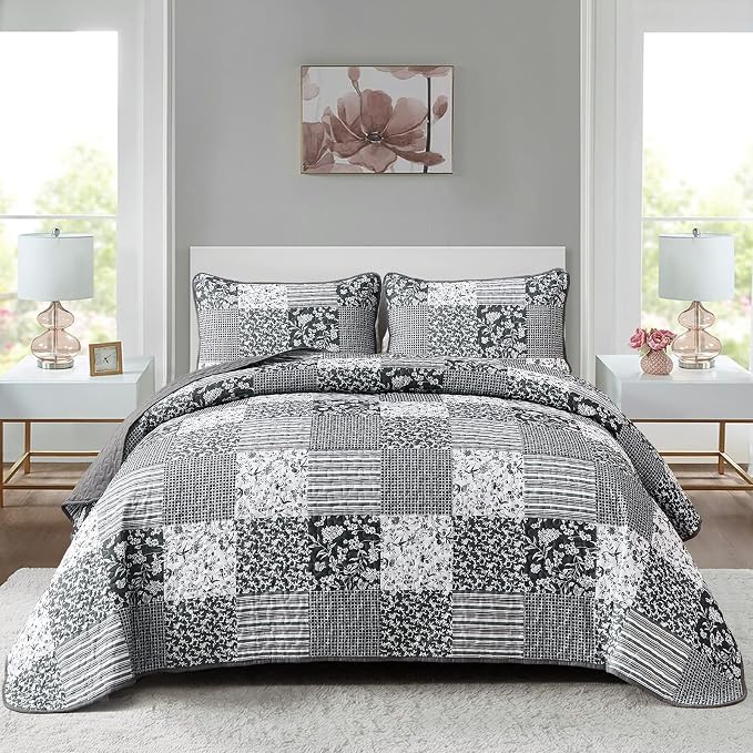 Mybedsoul Black Grey Boho Quilt Set California King Size, 3 Pieces Plaid Floral by Mybedsoul