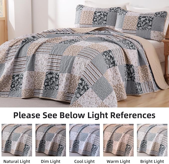 Mybedsoul Patchwork Quilt Set King Size, 3 Pieces Blue Brown Floral Plaid - Image 8