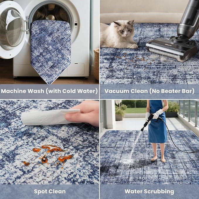 10x14 Washable Area Rug for Living Room Bedroom: Non-Slip Modern Navy Blue | - Image 5
