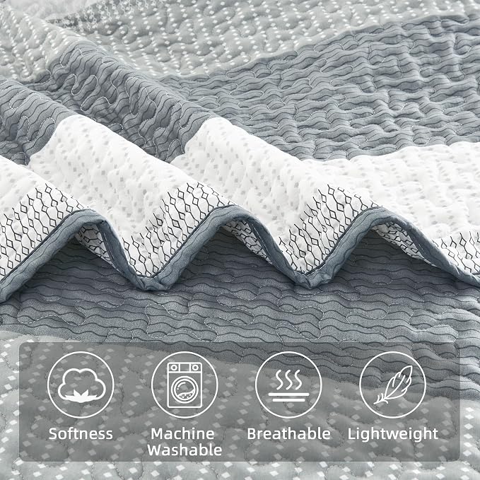 California King Quilt Set Grey, 3 Pieces Bedspreads | Ultra Soft Lightweight - Image 4