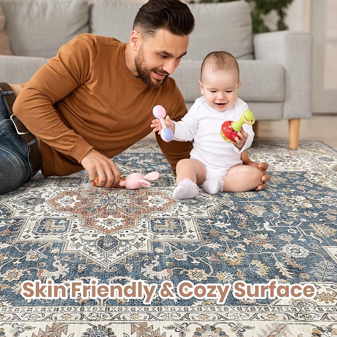 cotiled 6x9 Area Rug for Living Room, Traditional, Vintage Blue | Soft - Image 3