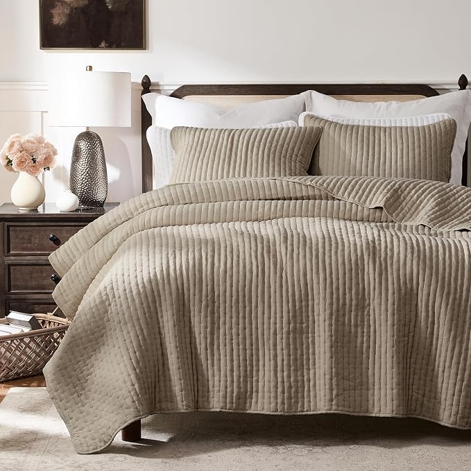 WDCOZY Dark Beige Cross Stitch Queen Size Quilt Set, Striped Lightweight Soft by WDCOZY