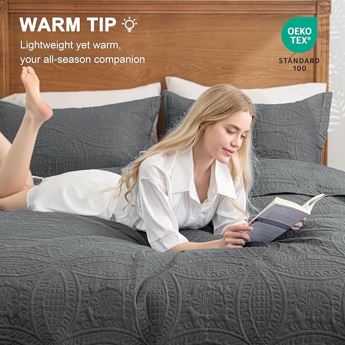 Love's cabin King Size Quilt Bedding Set Dark Grey Bedspreads - Image 4