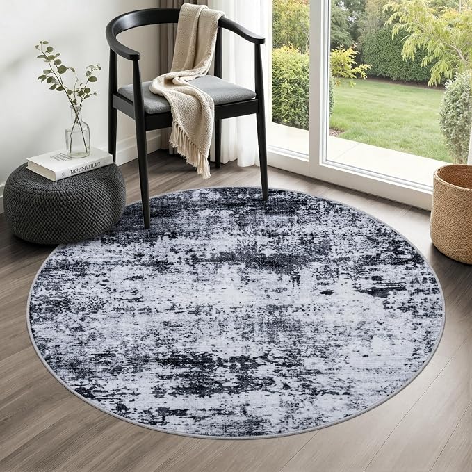 Round Area Rug Living Room: 5 ft Modern Washable Carpet Black | by FXRHLP