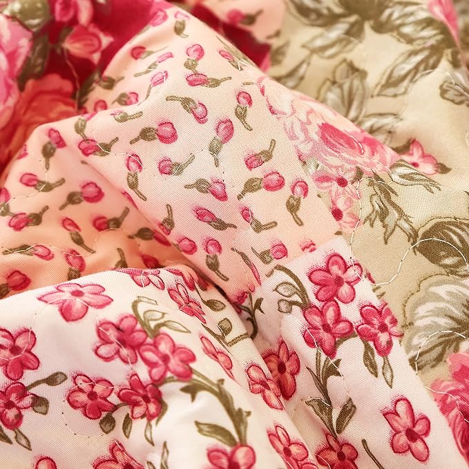 Cmfshape Summer Floral Queen Quilted Bedspread, Romantic Pink Quilt Set Full - Image 4