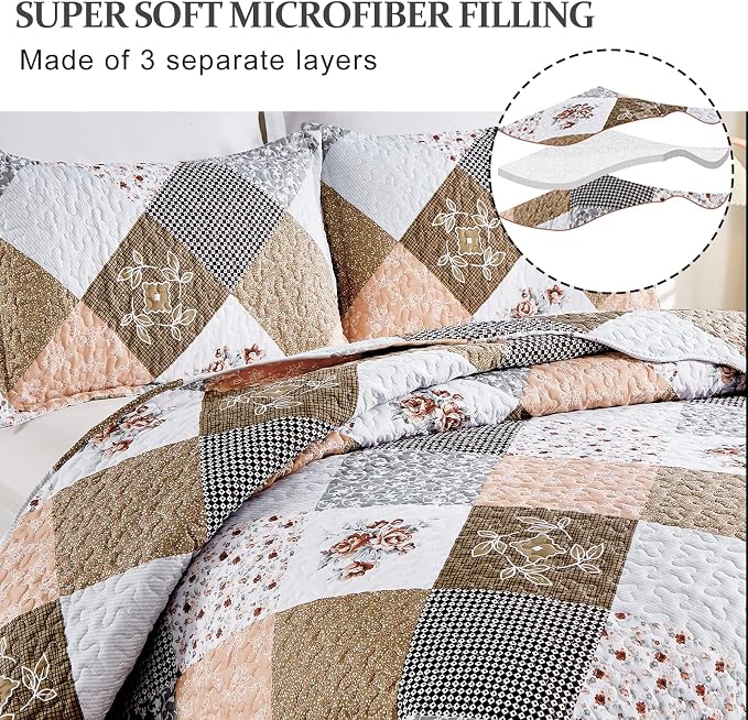 Dinjoy Patchwork Quilt Set Queen Size, Boho Floral Bedspreads, 3 Pieces | - Image 3