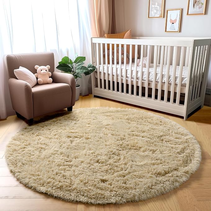 Amdrebio Beige Boho Round Fuzzy Area Rug 5Ft - Image 6