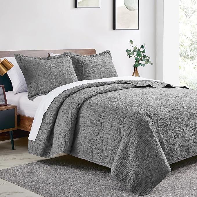 Love's cabin California King Size Quilt Bedding Set Grey Bedspreads - Image 2