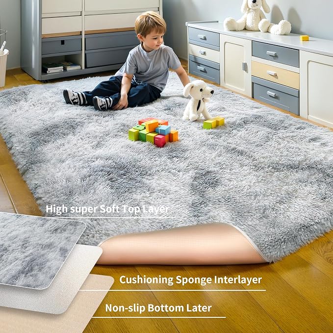 3x5 Thick Tie-Dye Gray Fluffy Shag Rug - Image 4