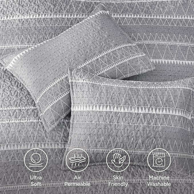 Twin Quilt Set Grey, 2 Pieces Boho Lightweight Striped Bedspread | Soft Gray - Image 5