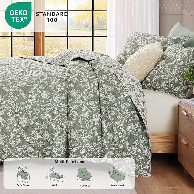 California King Quilt Set-3 Pieces Soft Bedding Floral Reversible Coverlet | - Image 9