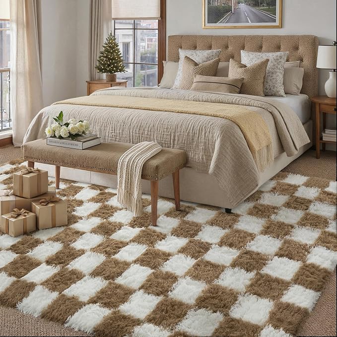Brown Area Rug 5x7 for Living Room Soft Checkered Shag Carpet | Machine Washable - Image 5