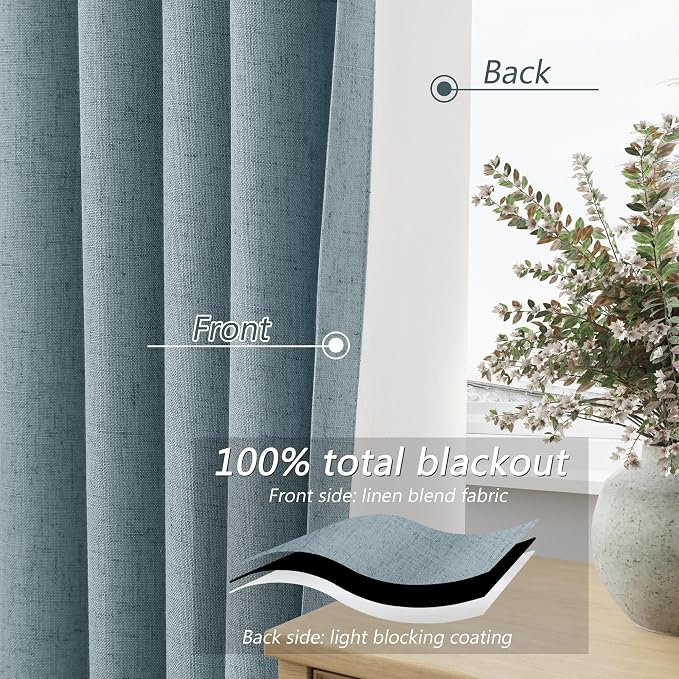 Blue 100% Blackout Linen Curtains 102 Inch Length 2 Panels Set - Image 3