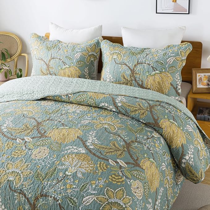 3-Piece Quilt Set Quilted Bedspread Cotton Coverlet Set Floral Printed - Image 3
