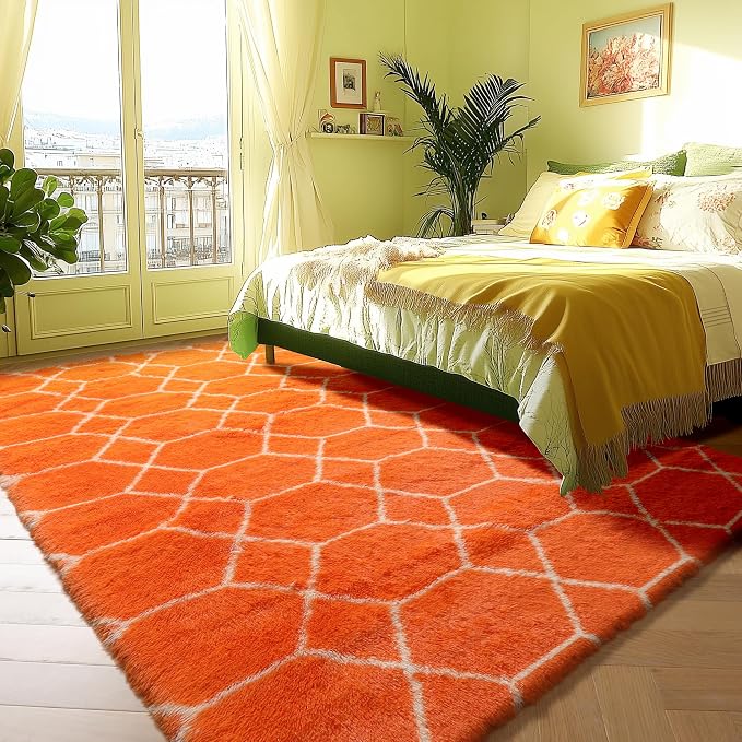 Area Rugs for Bedroom Living Room, 4x6 Fluffy Orange and White Throw Rug - Image 6