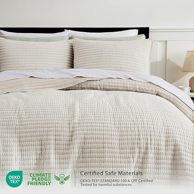 WDCOZY Beige Pick Stitch Twin Size Quilt Set, Striped Lightweight Soft Summer - Image 2