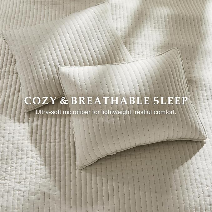 WDCOZY Beige Cross Stitch King Size Quilt Set, Netural Striped Lightweight Soft - Image 7