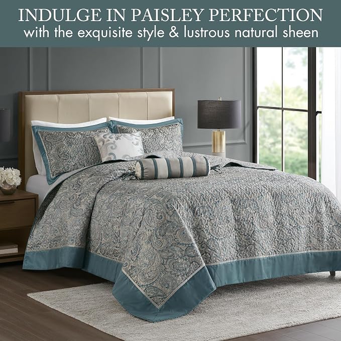 Madison Park Reversible Jacquard Quilted Queen Bedspread Set Teal, All-Season - Image 2