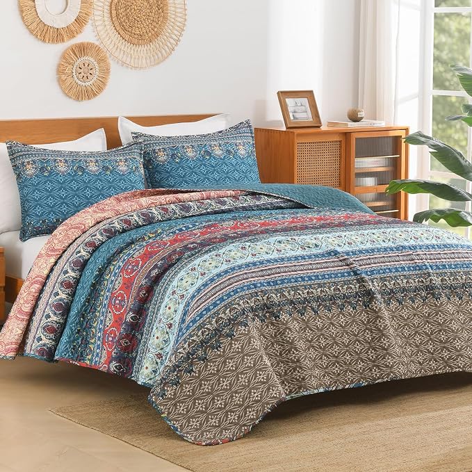 Brown Green King Size Quilt Set, 3 Pieces Boho Striped Bedspread | Soft - Image 2