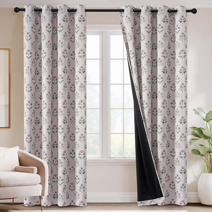 RYB HOME Pink 100% Blackout Floral Curtains 84 Inches Long 2 Panels - Image 8
