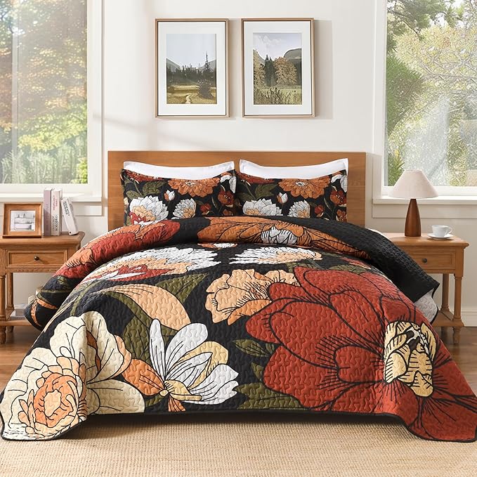 California King Quilt, Cal King Oversized Black Floral Bedspread | 3 Pieces by Andency