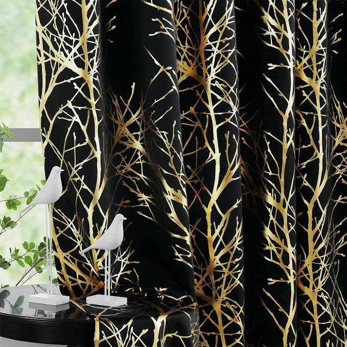 FMFUNCTEX 100% Blackout Black Gold Foil Tree Curtains 63 Inch Long 2 Panels | by Fmfunctex