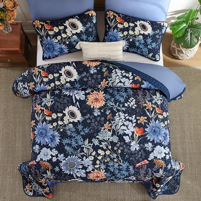 Yiran Navy Blue Sunflower Floral Quilt Set King Size | Botanical Bedspread - Image 4