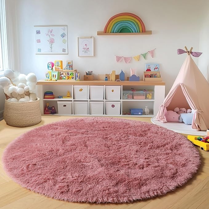 Blush Round Rugs 6ft for Living Room Bedroom, Fluffy Circle Area Rug for Kids by ONASAR