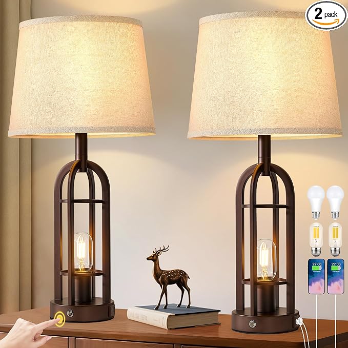 SRJJA 24" Table Lamps for Living Room Set of 2, Rustic Farmhouse 3-Way Dimmable by SRJJA