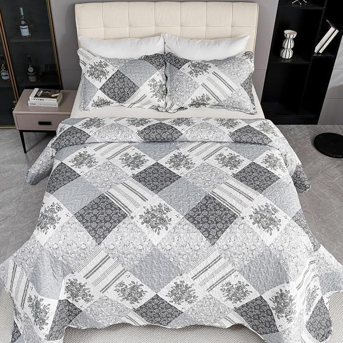 Cmfshape Summer Floral Queen Bedspread, Romantic Grey Quilt Set Full, - Image 4
