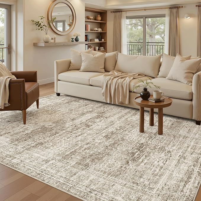 Soalmost 7x9 Area Rug for Living Room Washable Rugs Non-Slip Brown | Low-Pile - Image 2