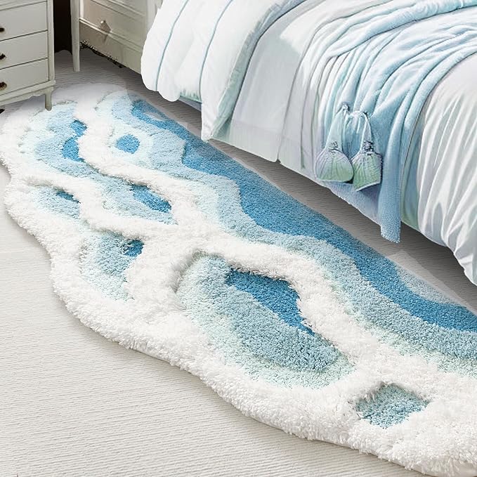 Soft Shag 3D Stereo Wave Moss Bedside Rug 20"×36" Cute Navy Blue Runner Rug Non by ZSHIFANG